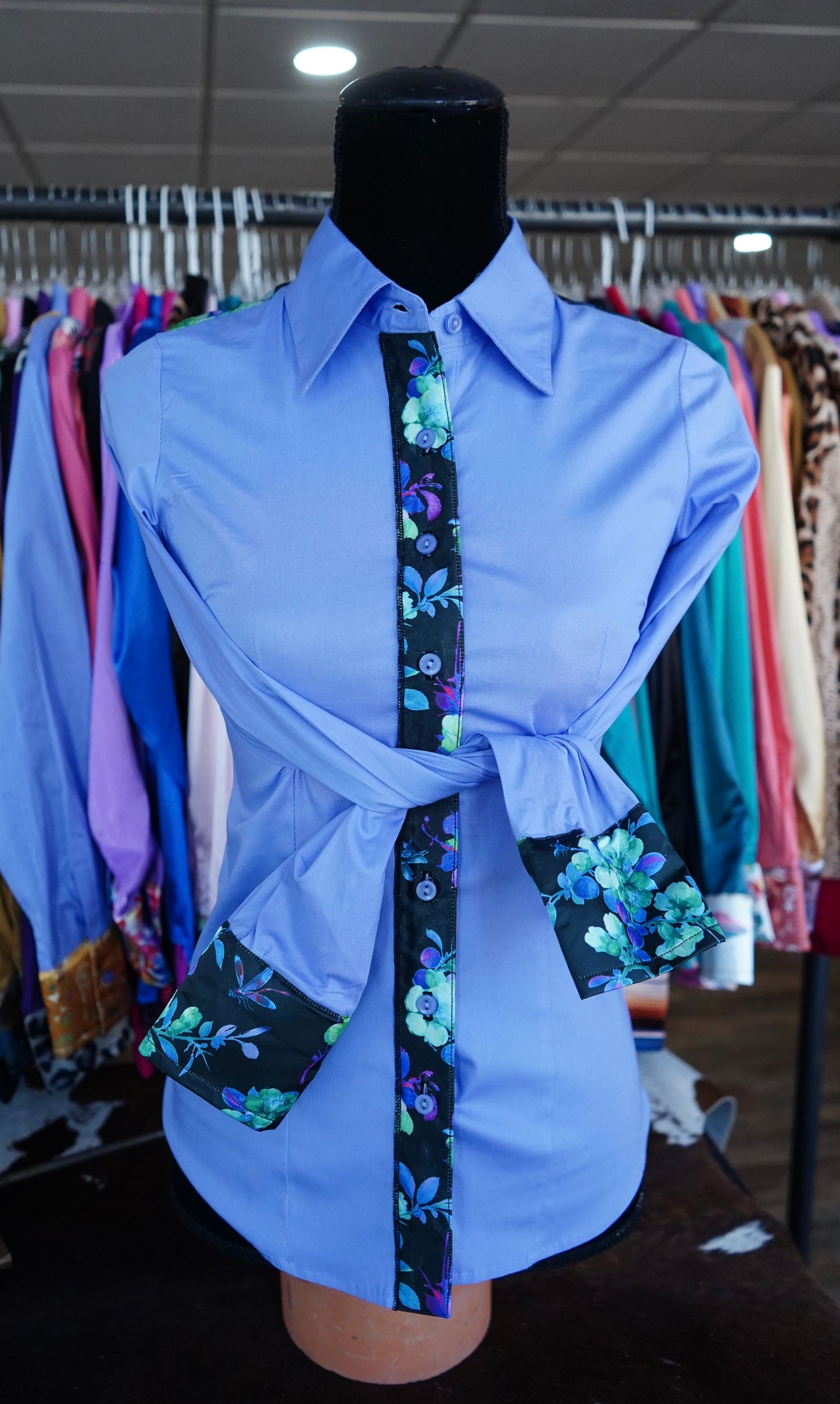 S - Blue & Purple Electric Floral on Lilac Cotton Button Down