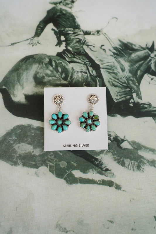 Dangly Concho w/ Dangly Kingman Turquoise Flowers Stud Earrings