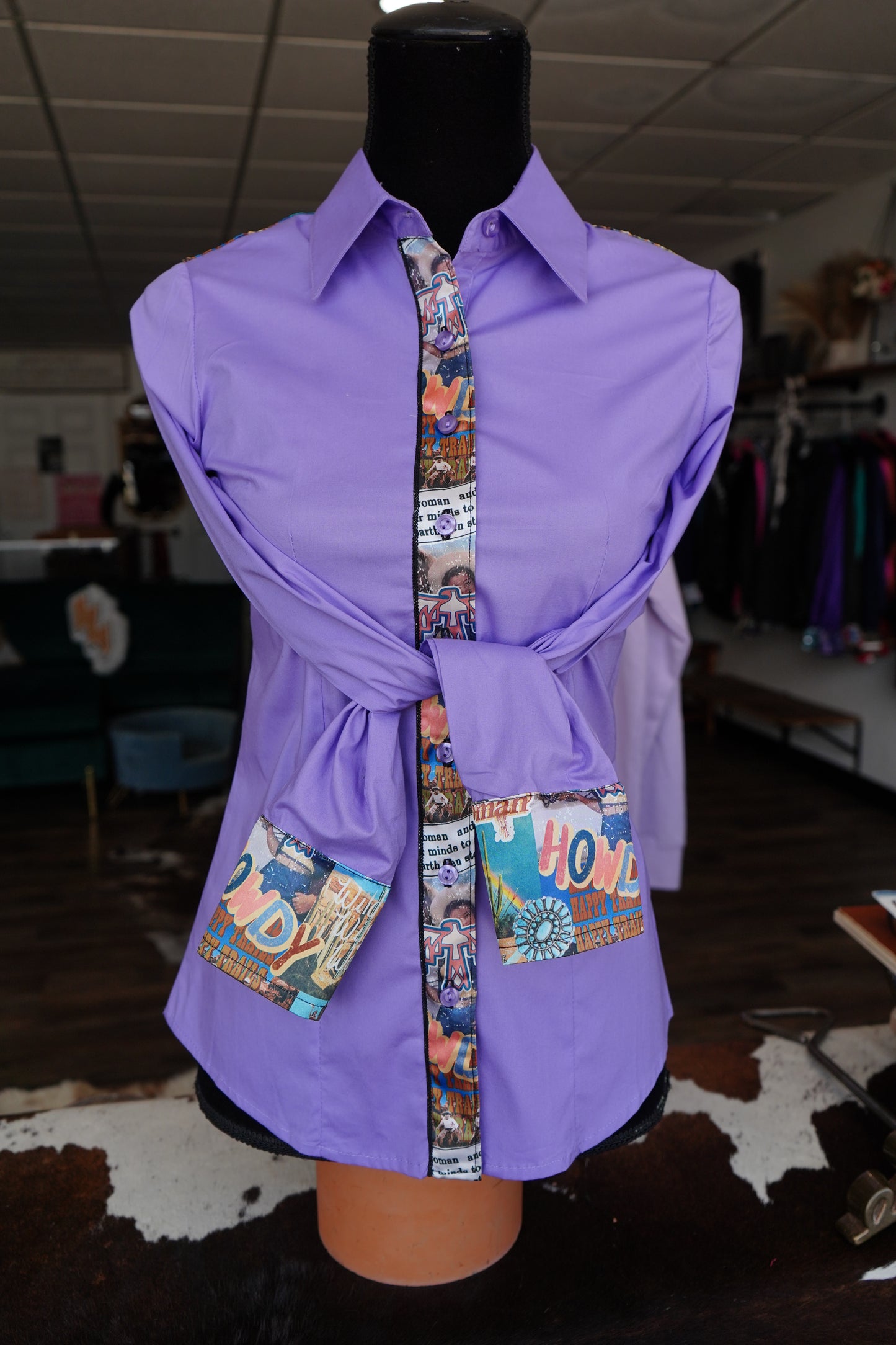 S - Calamity Jane on Lavender Cotton Button Down
