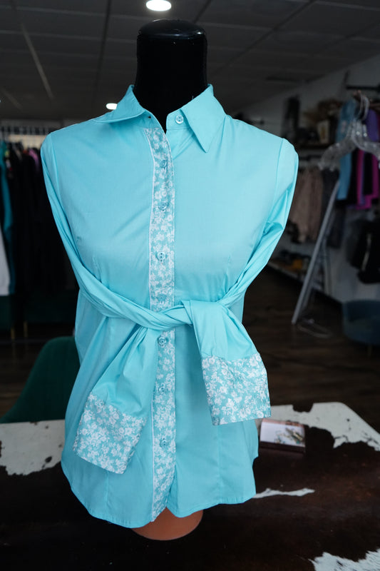M - Turquoise & White Flowers on Baby Blue Cotton Button Down