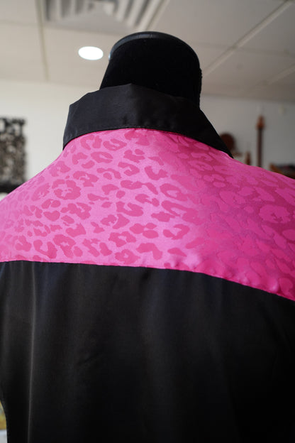 3XL - Pink Cheetah Jacquard on Black Satin Button Down