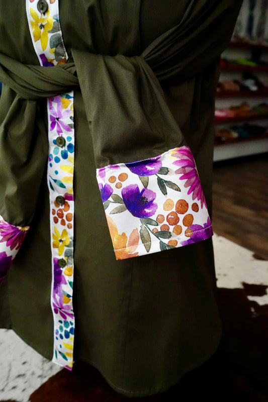 XL - Autumn Sunflowers on Olive Cotton Button Down