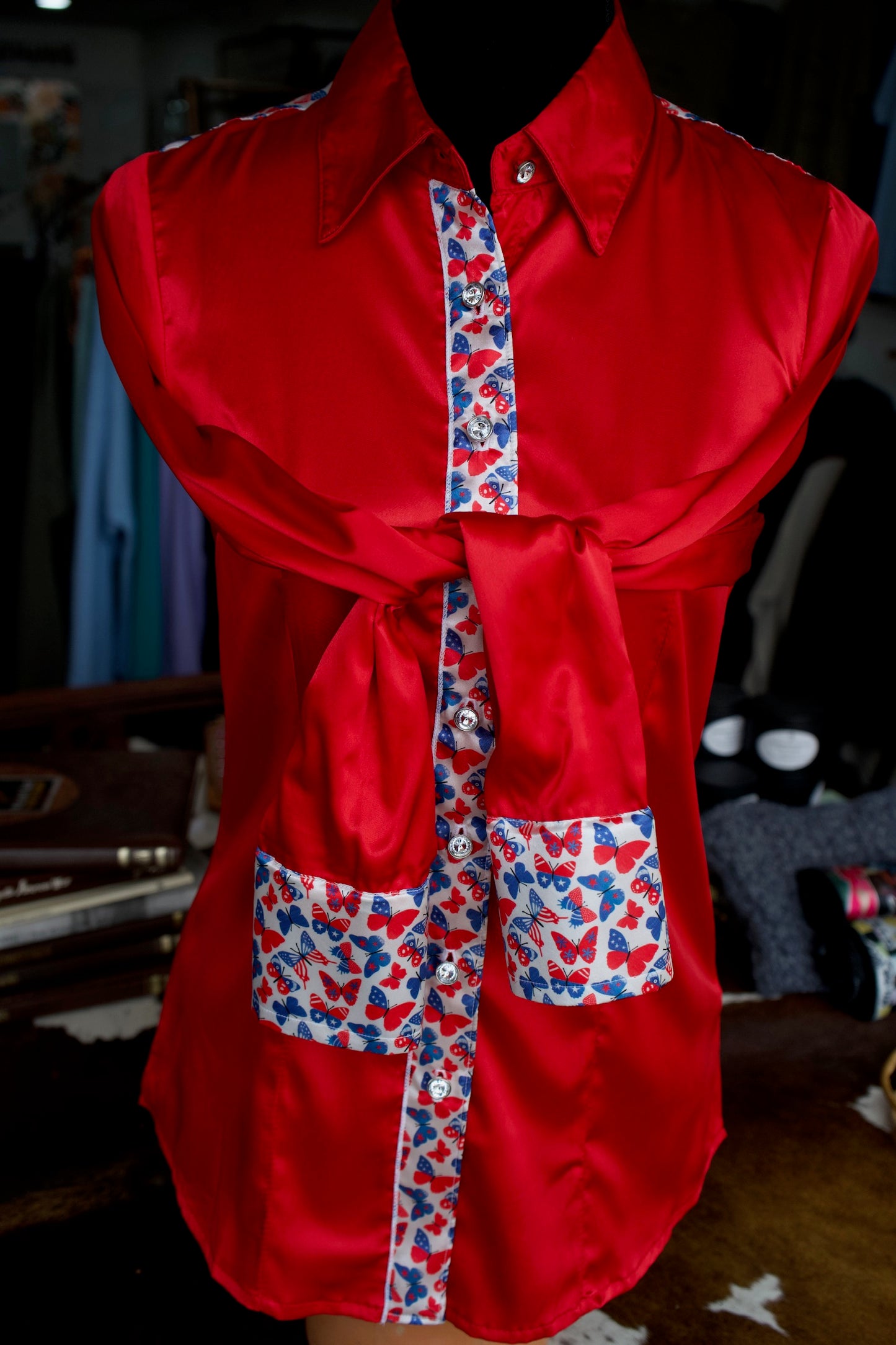 M - Patriotic Butterflies on Red Satin Button Down