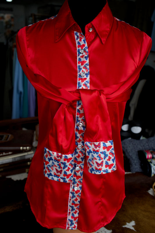 M - Patriotic Butterflies on Red Satin Button Down