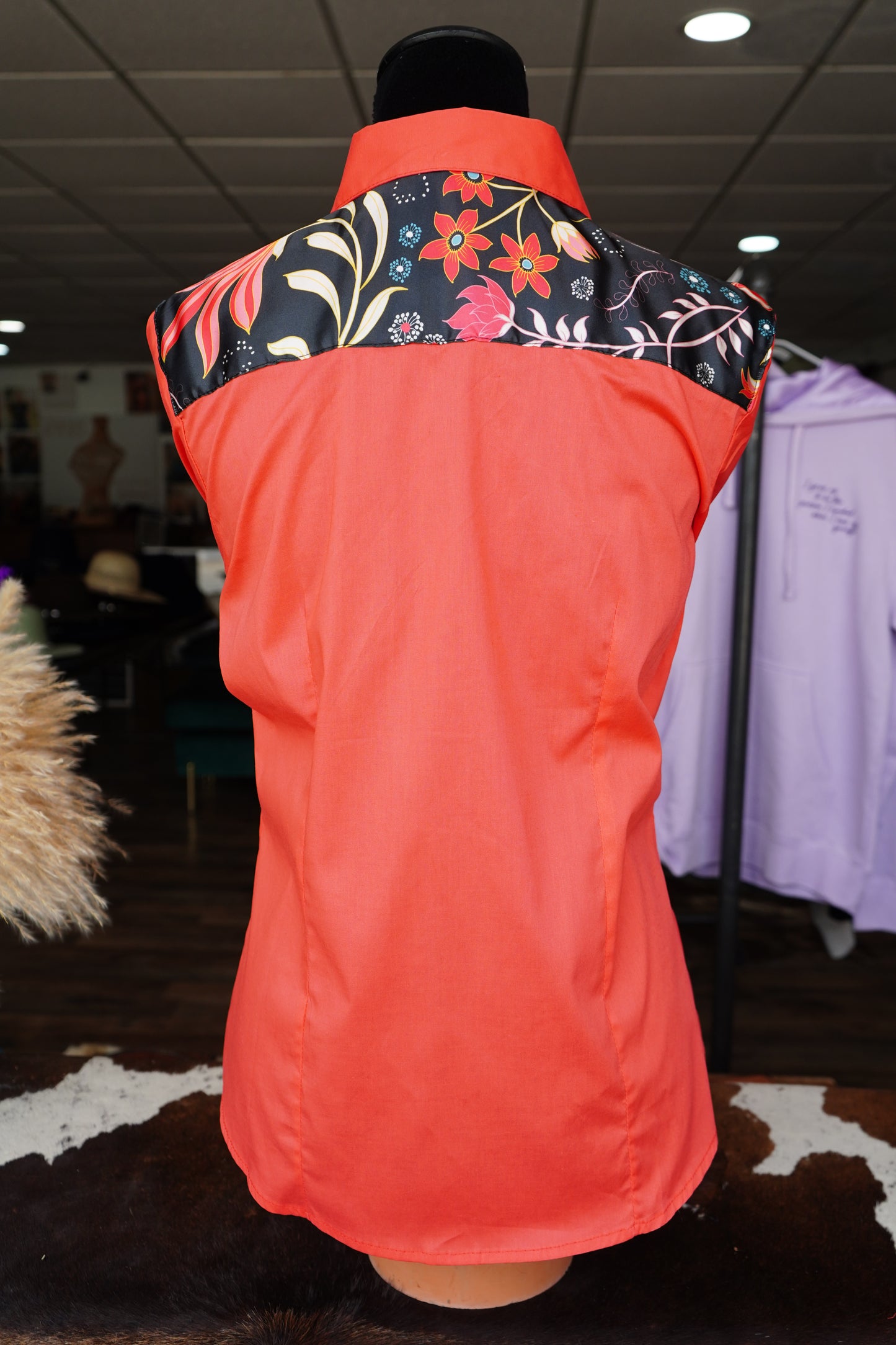 L - Painted Coral Floral on Hot Coral Cotton Button Down