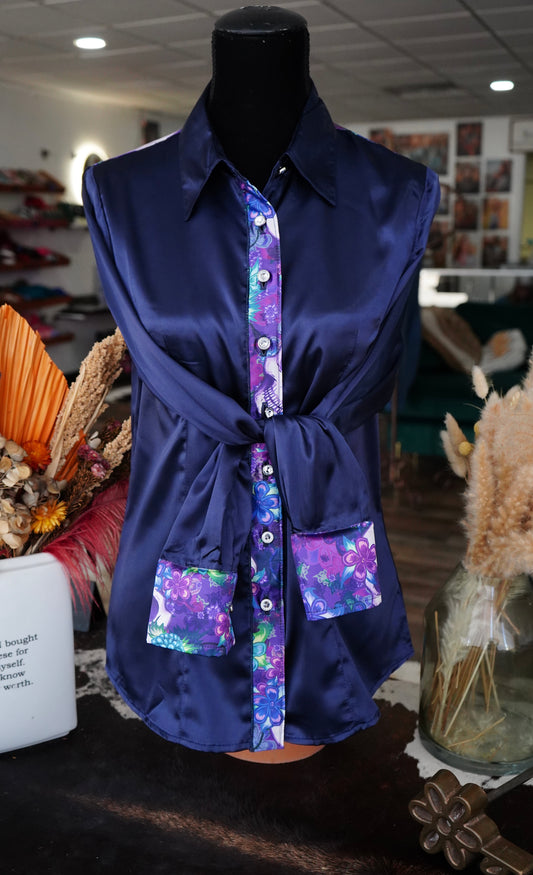 L - Navy Satin w/ Purple Floral Skulls Button Down