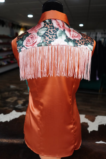 S - Blush Cheetah Roses on Rust Satin Button Down w/ Fringe