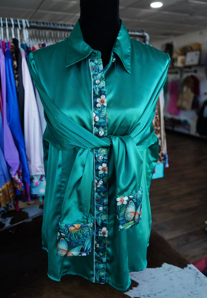 2XL - Emerald Floral Butterflies on Emerald Satin Button Down
