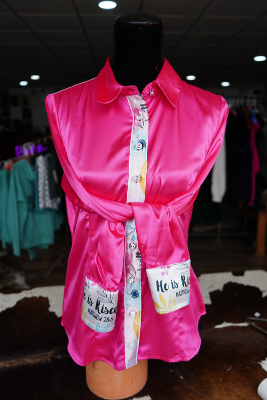L - Watercolor Verses on Hot Pink Satin Button Down w/ Fringe