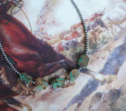 Sterling Silver Pearls w/ Green Turquoise Squares Necklace