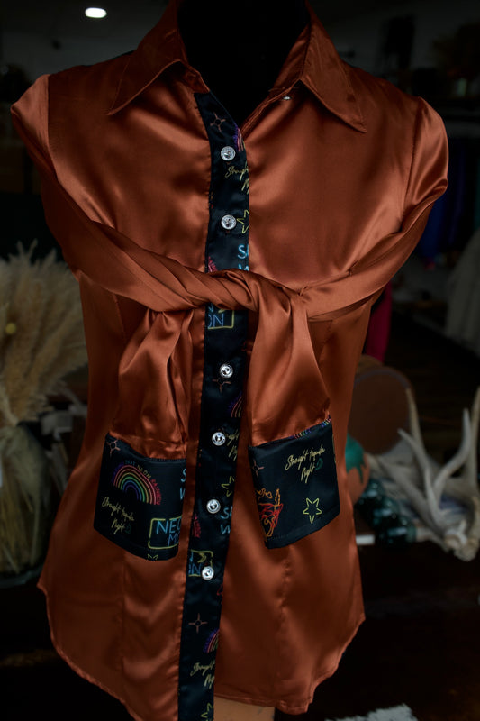 S - Neon Moon on Rust Satin Button Down