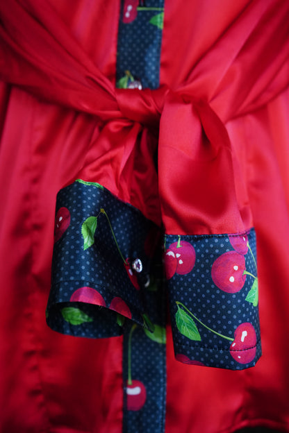 L - Polka Dot Cherries on Red Satin Button Down