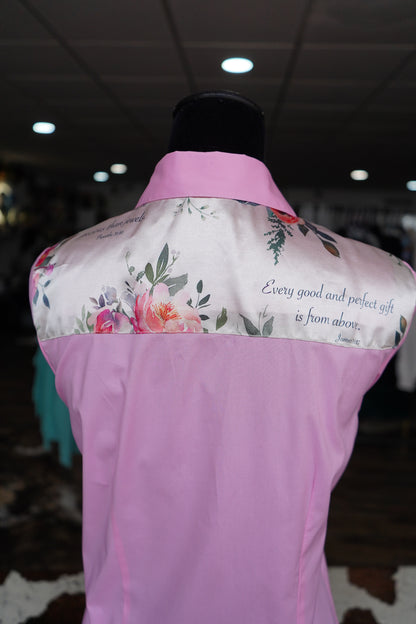 L - Tan Verses on Light Pink Cotton Button Down