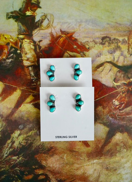 3 Stone Teardrop Kingman Turquoise Stud Earrings