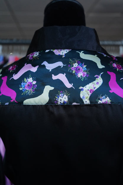 M - Floral Weenie Dogs on Black Satin Button Down