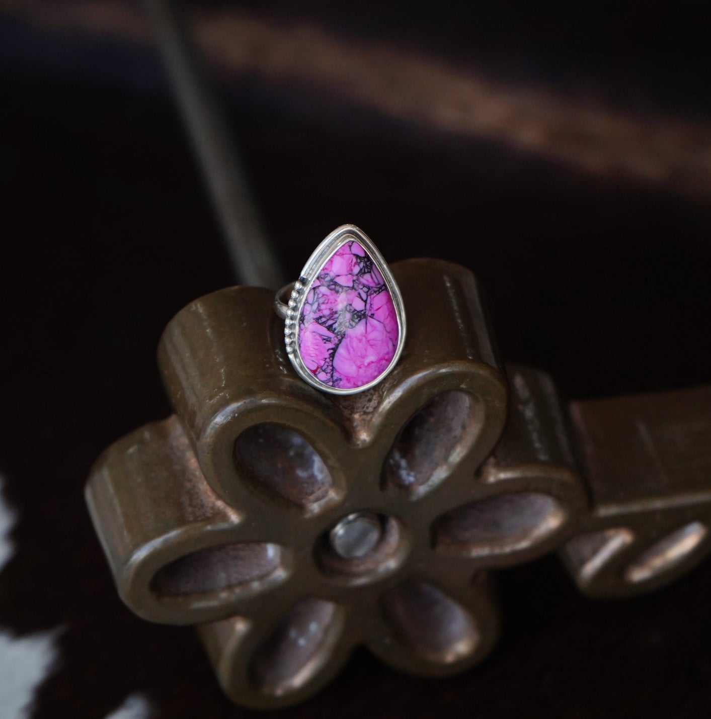 Pink & Black Dahlia Teardrop Ring - Adj