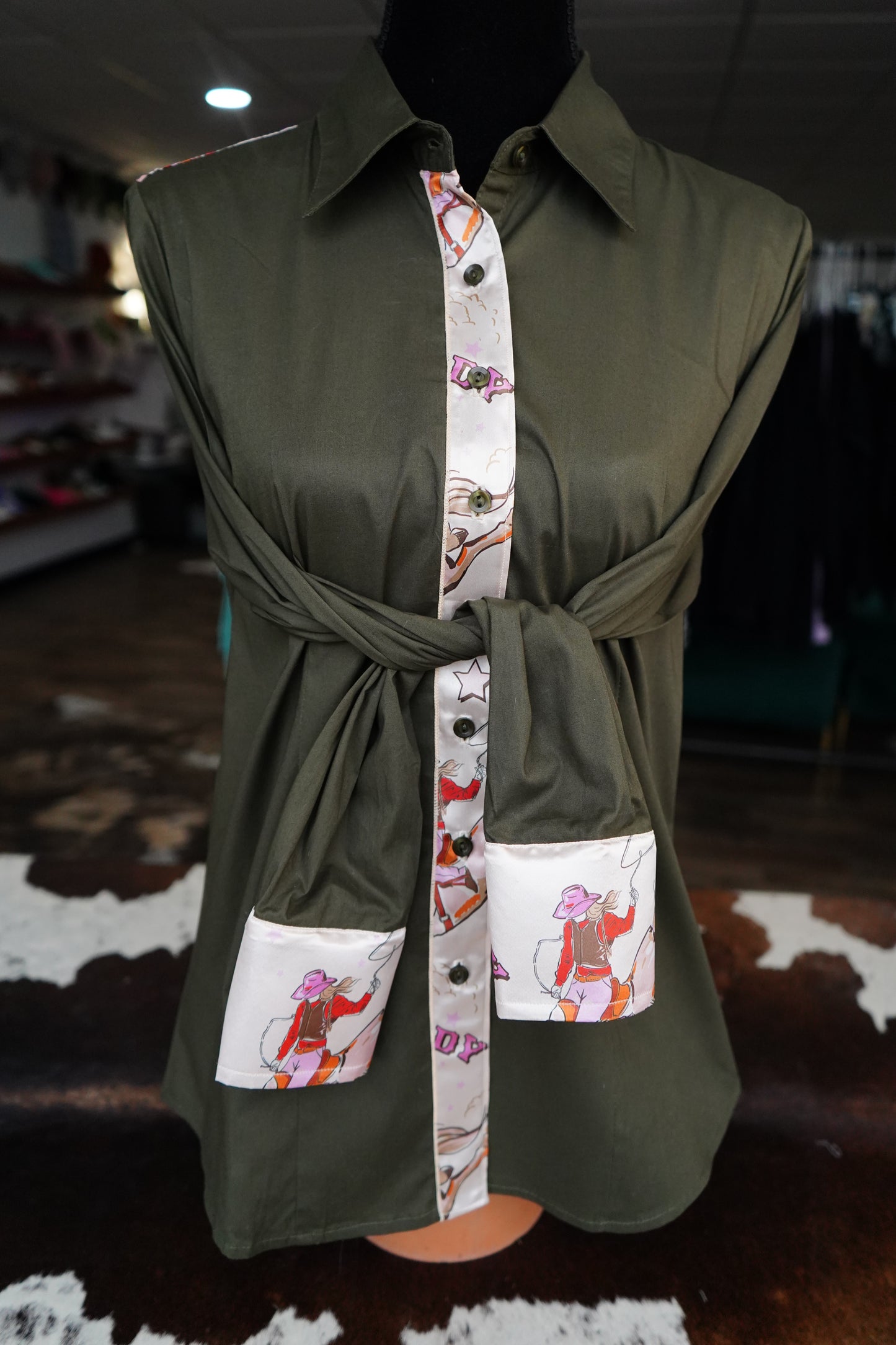XL - Pink Howdy Gal on Olive Cotton Button Down