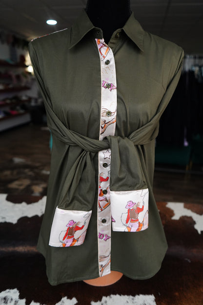 XL - Pink Howdy Gal on Olive Cotton Button Down