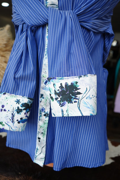 2XL - Watercolor Leaves & Flowers on Denim & White Striped Button Down