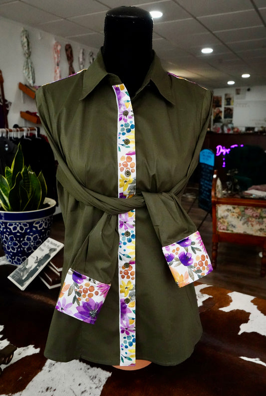 XL - Autumn Sunflowers on Olive Cotton Button Down