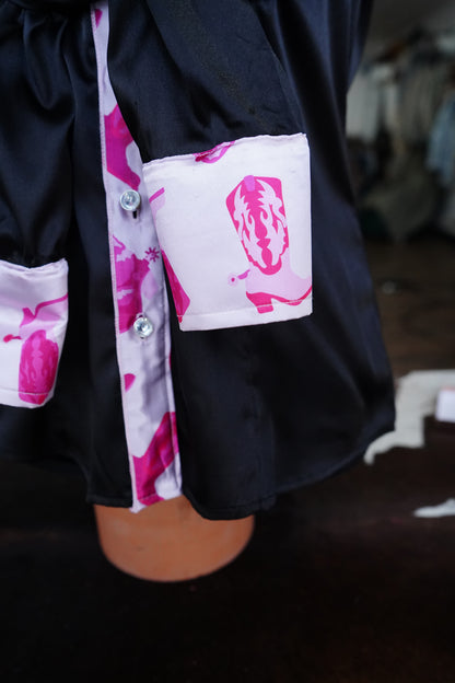 L - Pink Boot Goofin on Black Satin Button Down