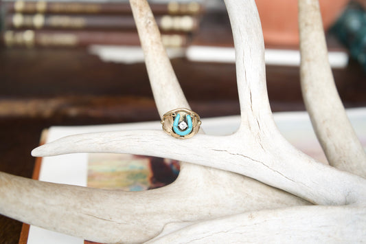 Gold Plated Turquoise Horse Shoe Ring - Sz 9