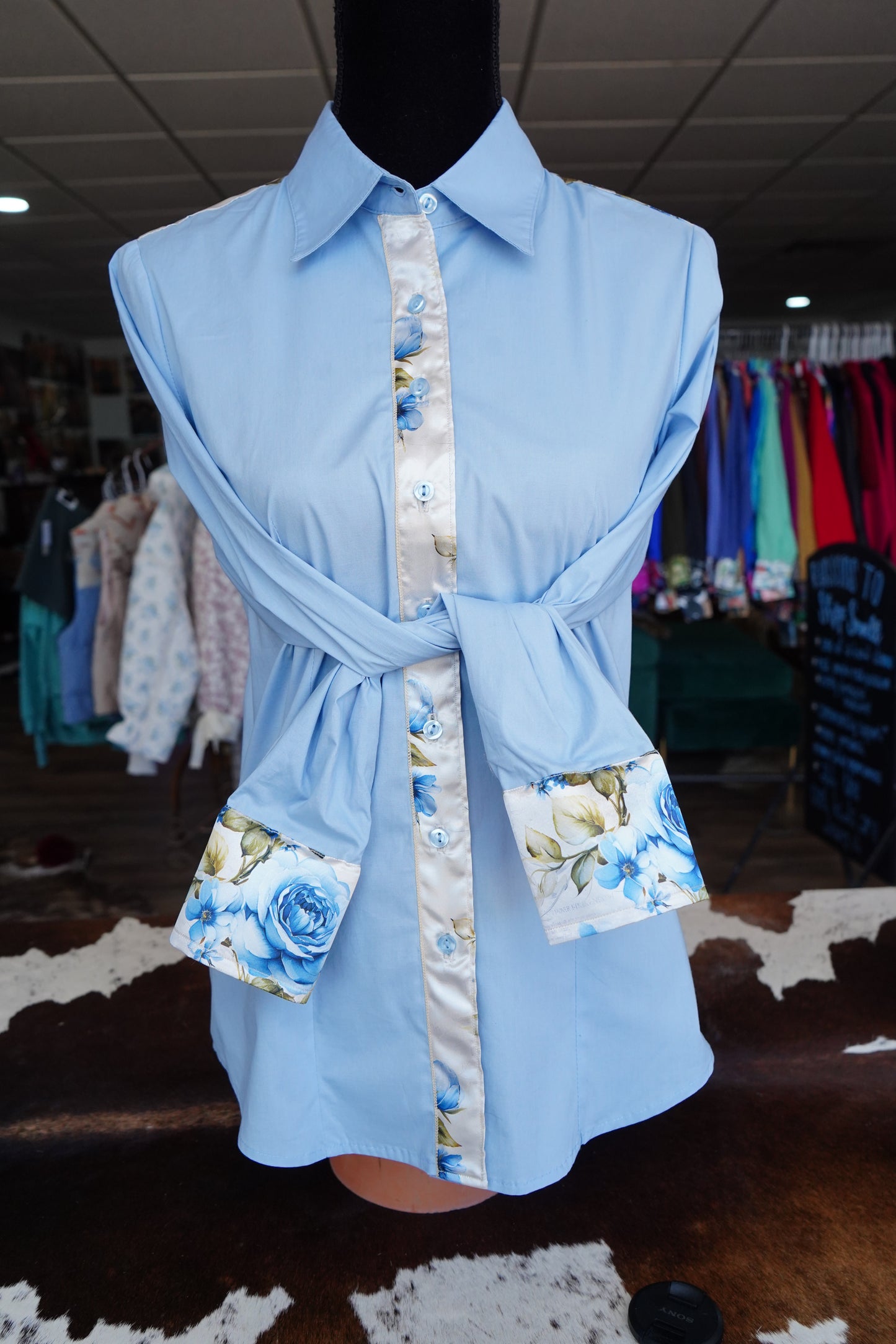 L - Blue Journal Roses on Baby Blue Cotton Button Down