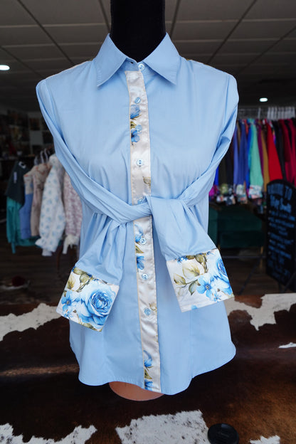 L - Blue Journal Roses on Baby Blue Cotton Button Down