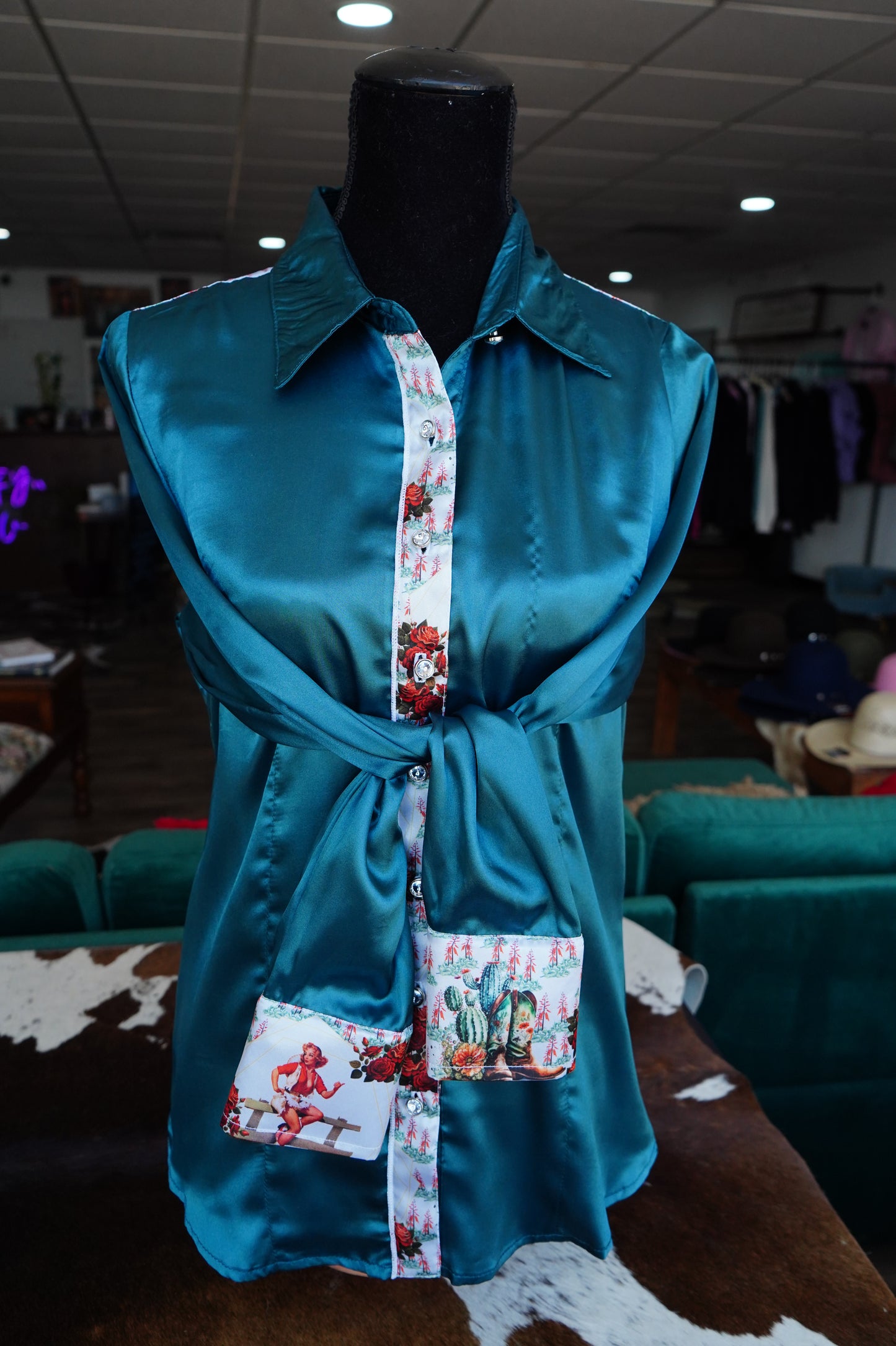 L - Red Headed Cowgals on Teal Satin Button Down