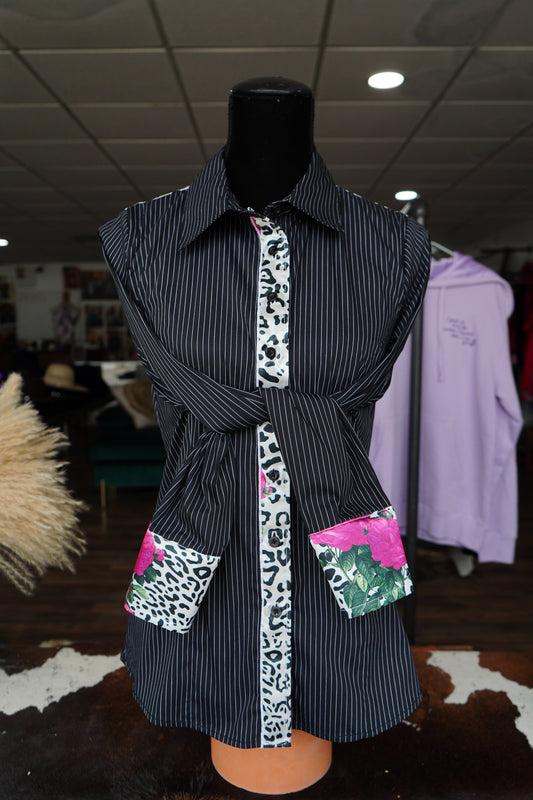 M - Pink Roses & Snow Leopard on B/W Stripe Cotton Button Down