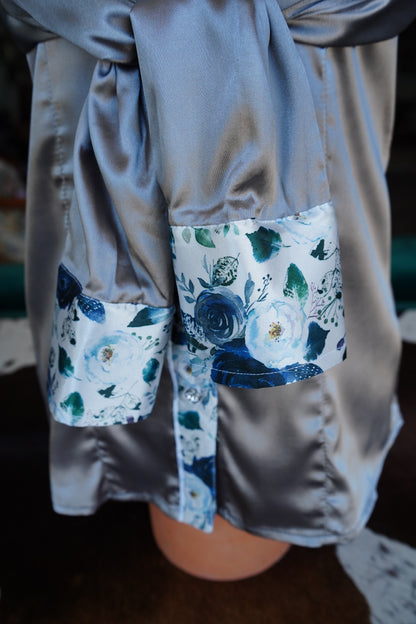 M - Navy Feather Floral on Silver Satin Button Down