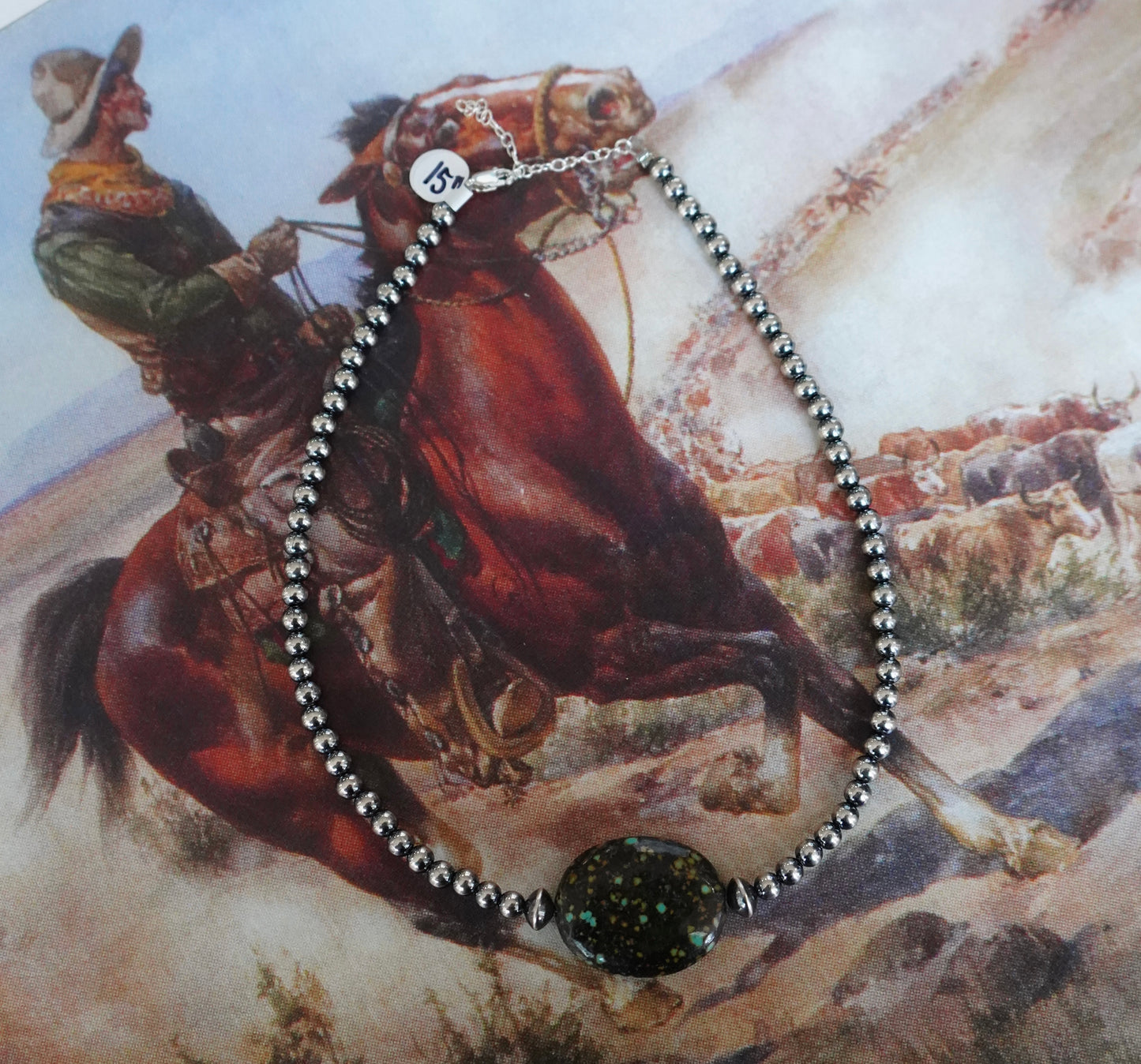 Sterling Silver Pearls w/ Round Turquoise Nugget Necklace - 15”