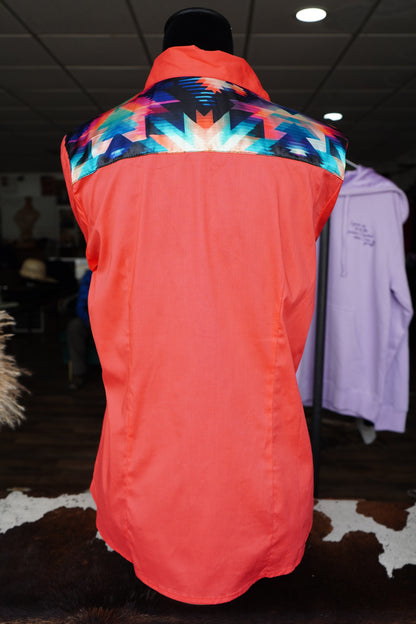 XL - Kaleidoscope Aztec on Hot Coral Cotton Button Down