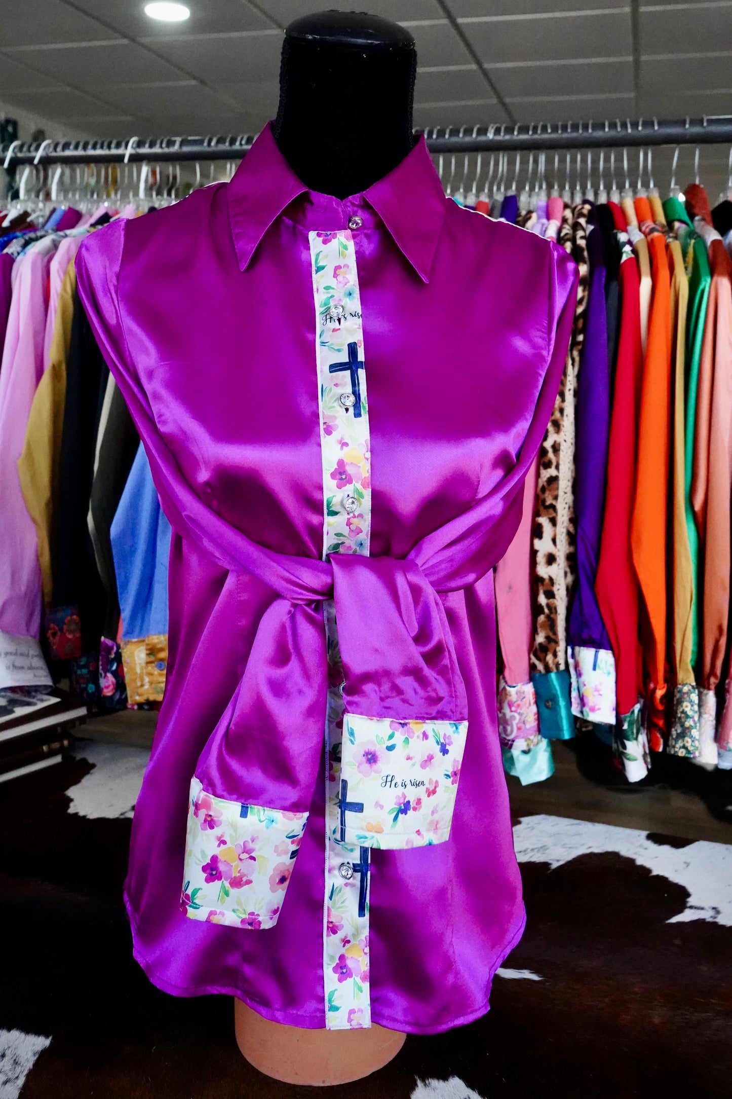 M - He Is Risen on Magenta Satin Button Down