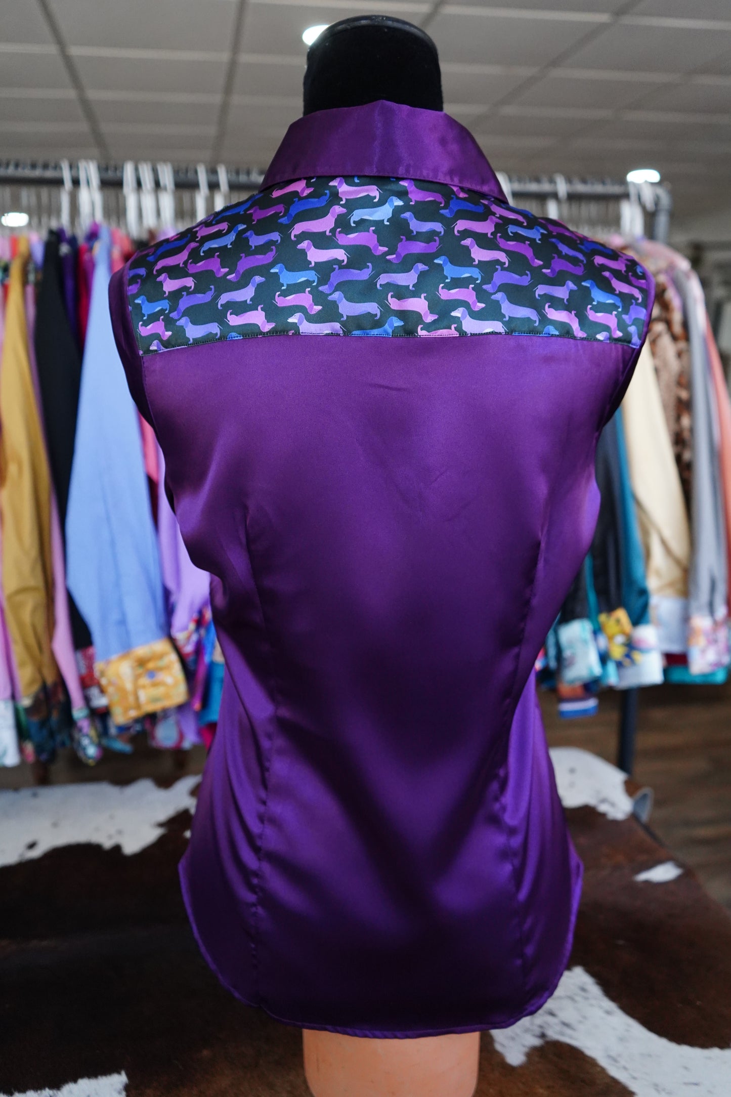 M - Purple Weenie Dawgs on Purple Satin Button Down