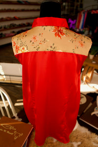 3XL - Tan w/ Red and Yellow Flowers on Red Satin Button Down