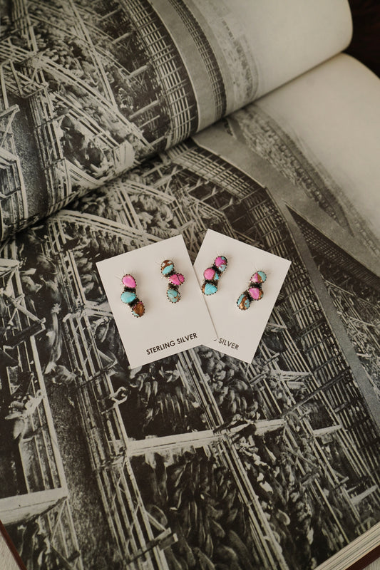 Cotton Candy 3 Stone Stud Earrings
