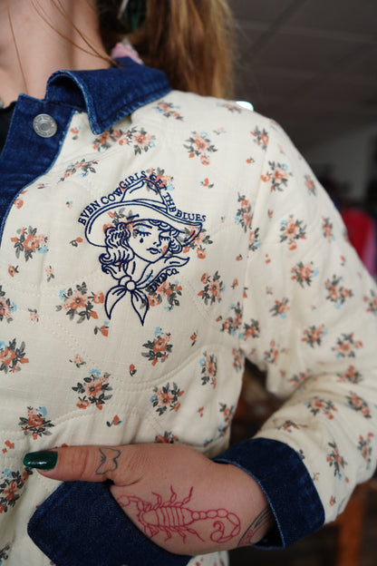 Cowgirls Cry - Cropped Floral Denim Button Up Jacket