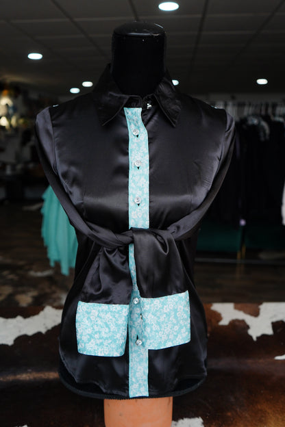 S - White & Turquoise Jacquard Floral on Black Satin Button Down
