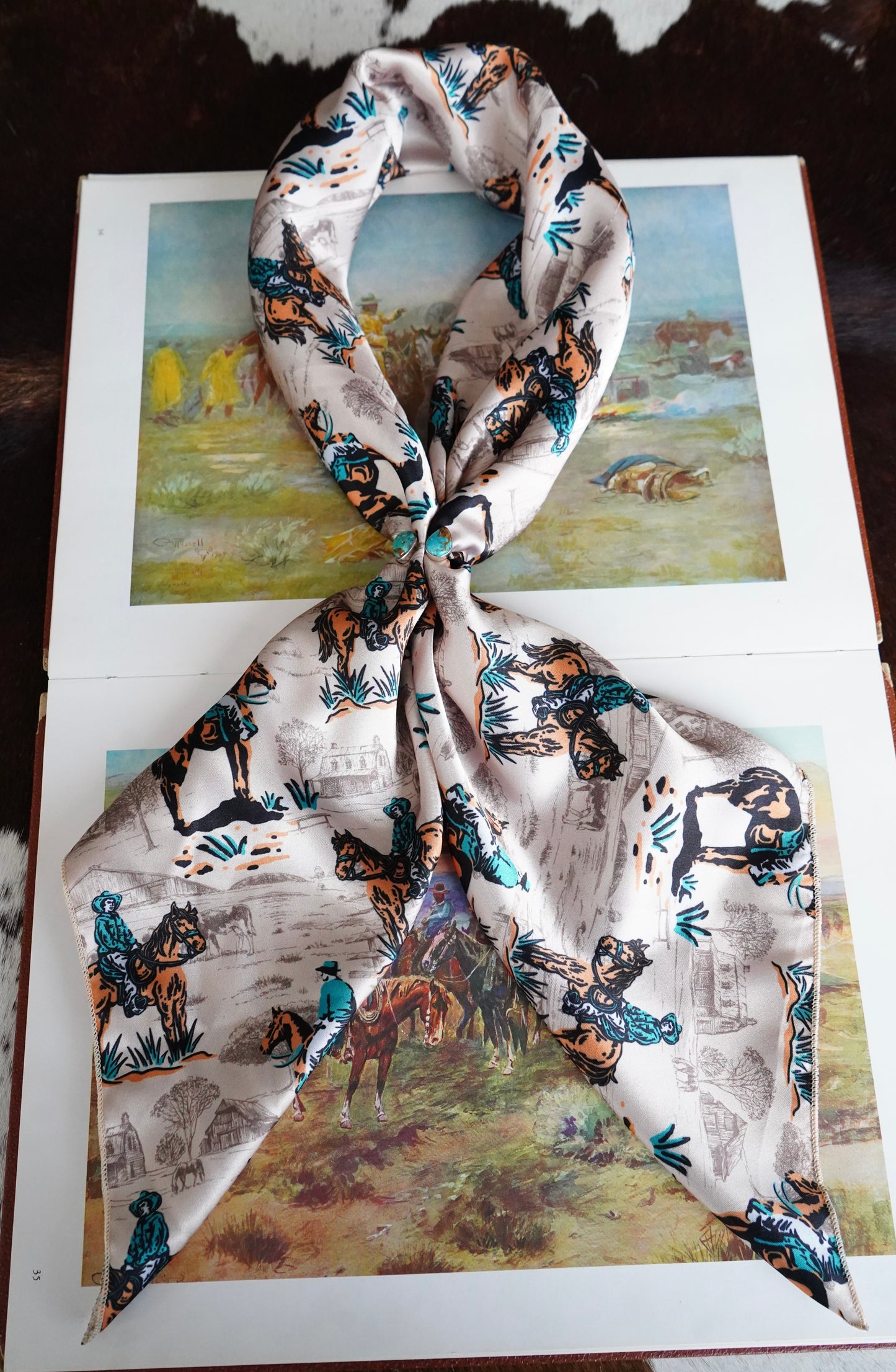 Tan & Emerald Cowboy Scene Wild Rag