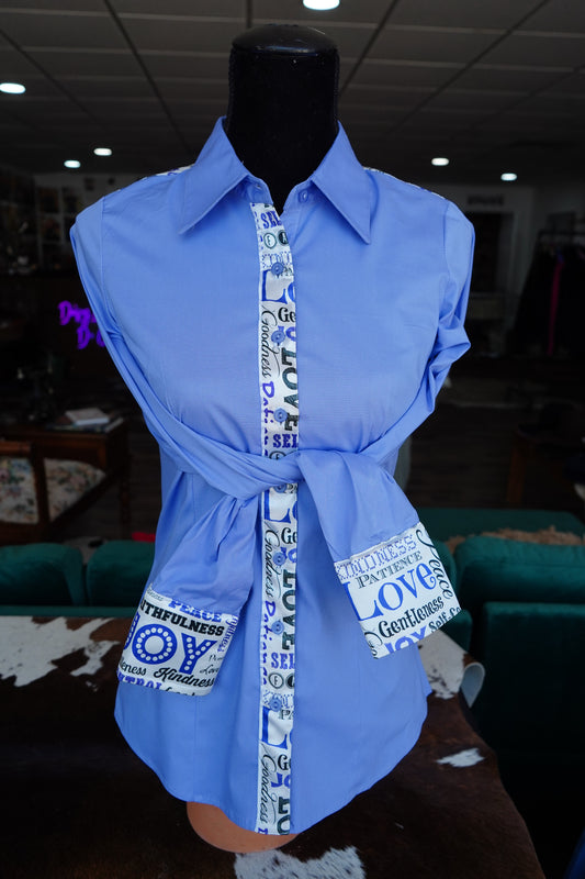 M - Lilac Scripture Lines on Lilac Cotton Button Down