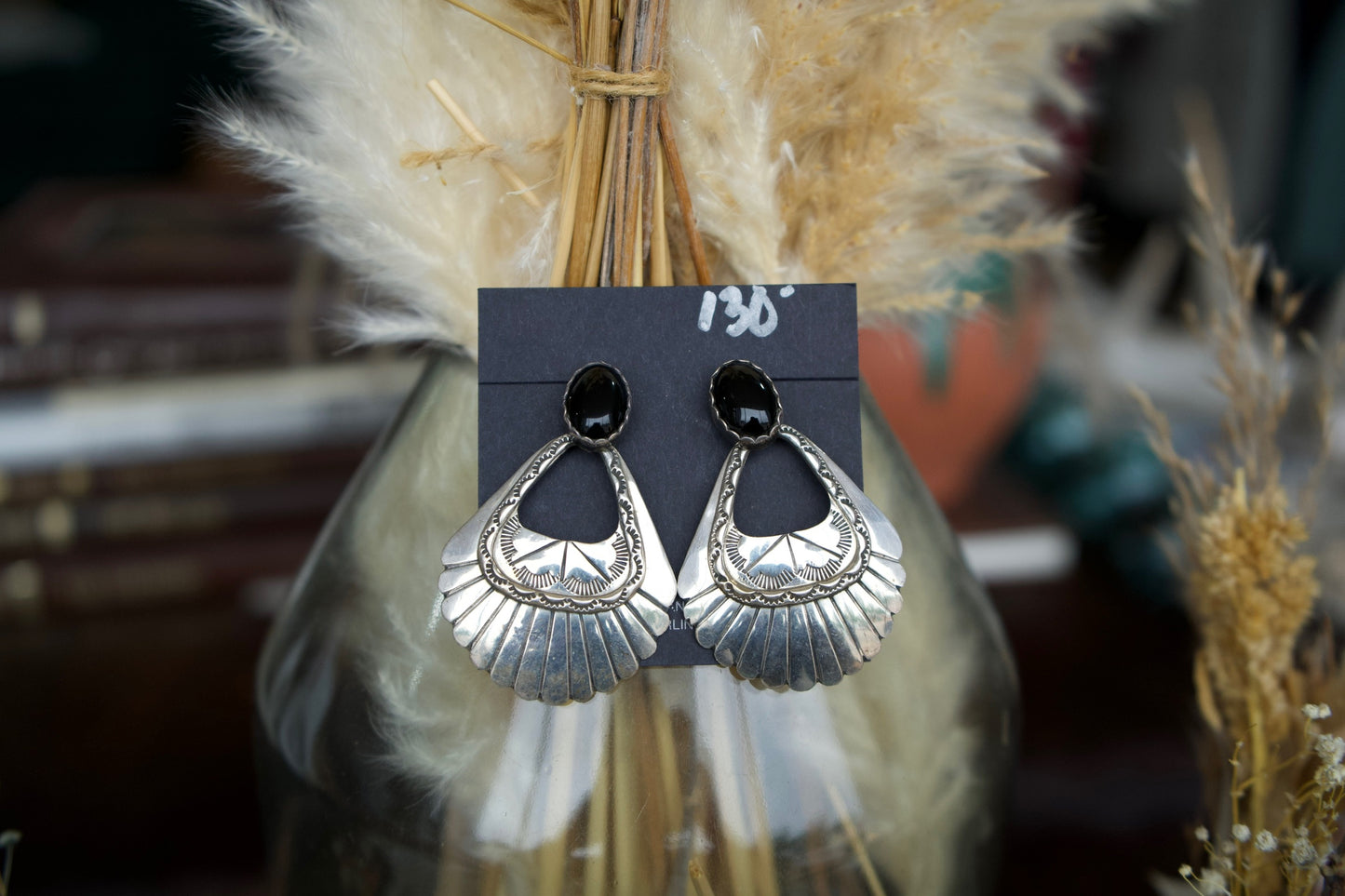 Vintage Statement Silver Black Onyx Post Earrings