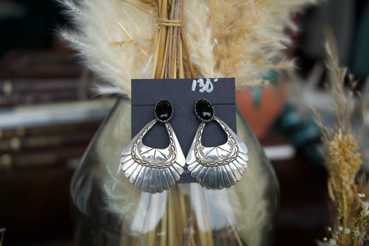 Vintage Statement Silver Black Onyx Post Earrings