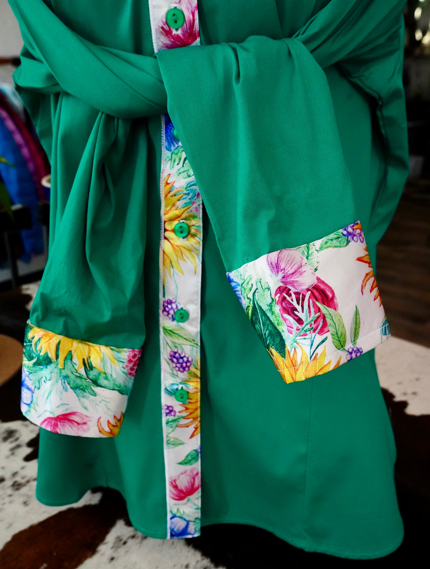 3XL - Sunflowers & Wildflowers on Kelly Green Cotton Button Down