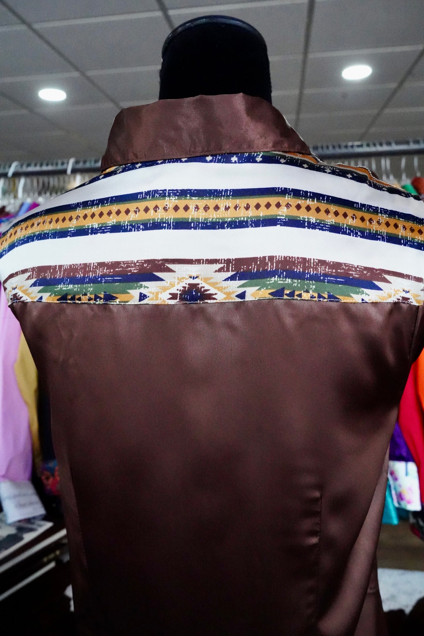 L - Withered Native Stripe on Brown Satin Button Down