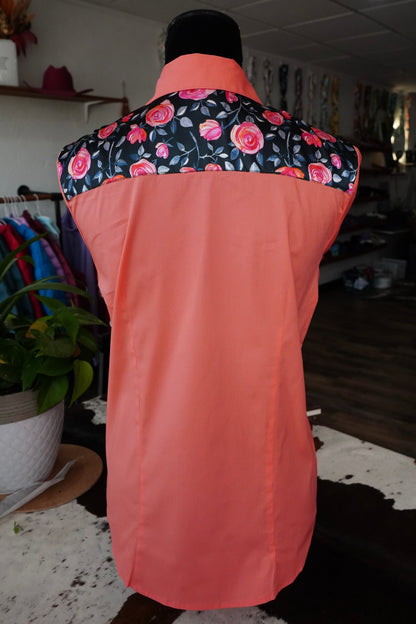 XL - Pink Roses on Coral Cotton Button Down