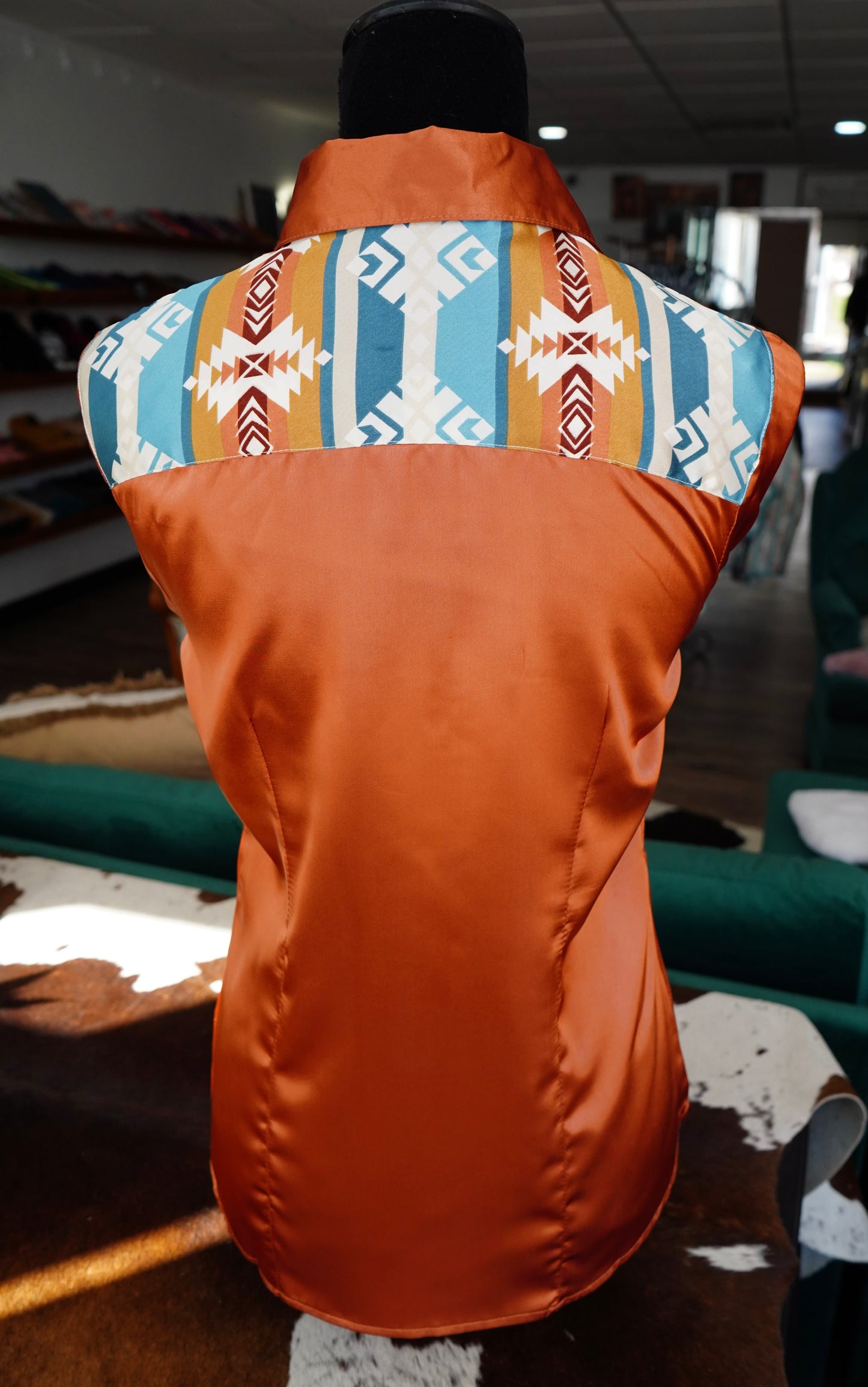 M - Blue/Tan Aztec on Rust Satin Button Down
