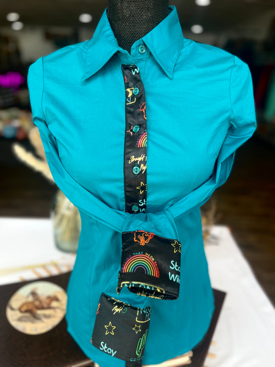 S - Neon Moon on Teal Cotton Button Down