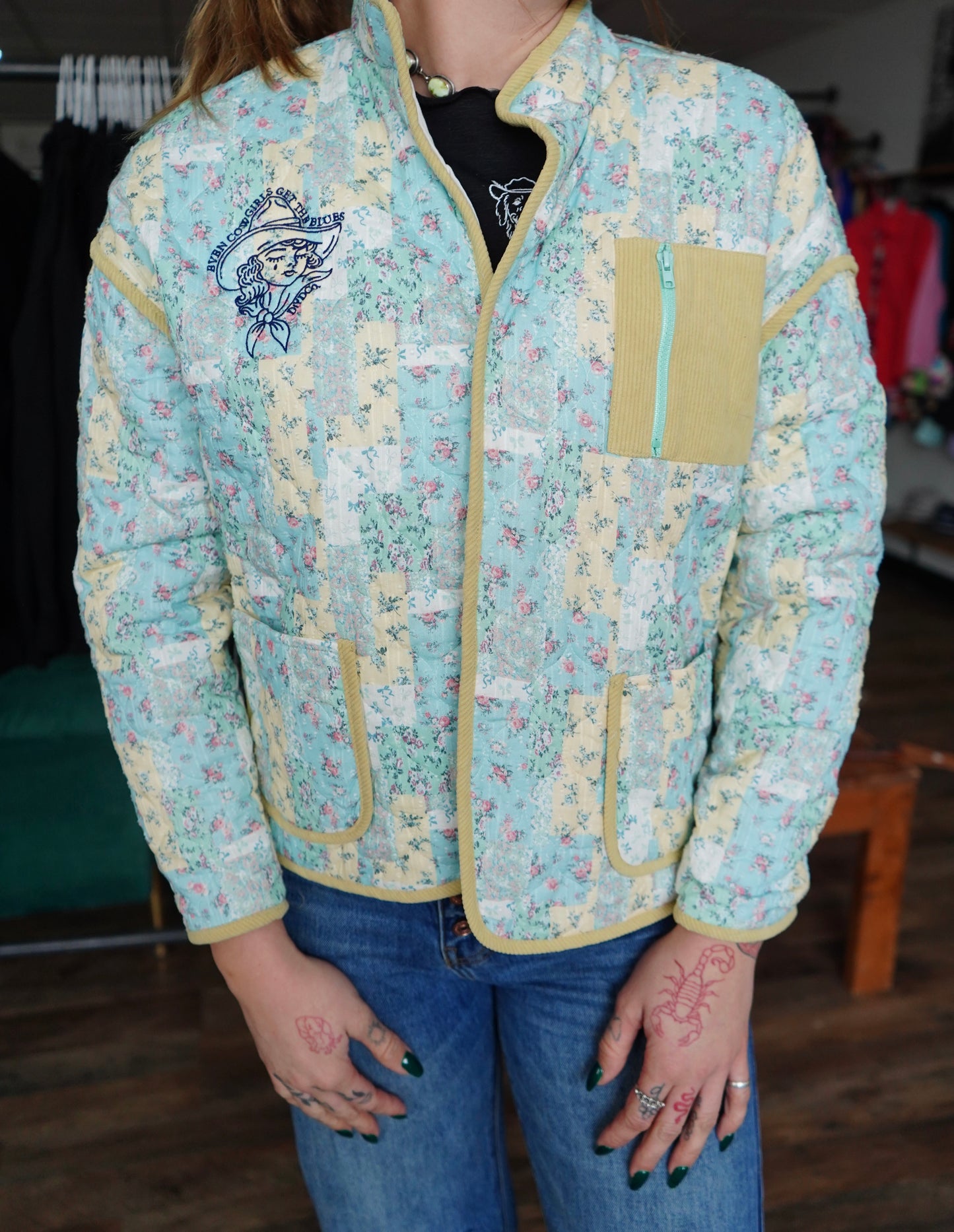 Cowgirls Cry - Embroidered Mint Lemon Quilted Patchwork Jacket