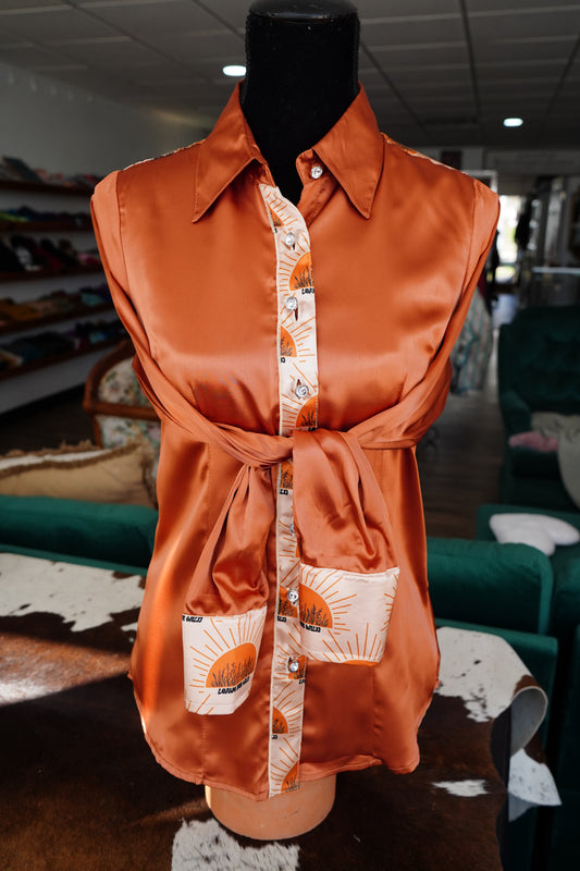 S - Leave Her Wild on Rust Satin Button Down